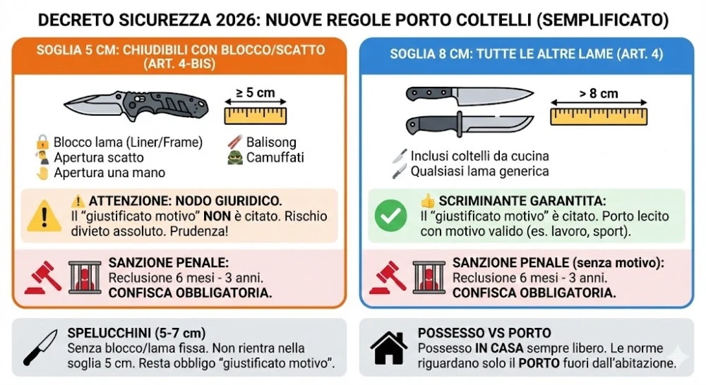 decreto sicurezza 2026, coltelli normativa, porto coltelli Italia, vendita coltelli legge, sicurezza pubblica, formazione sicurezza