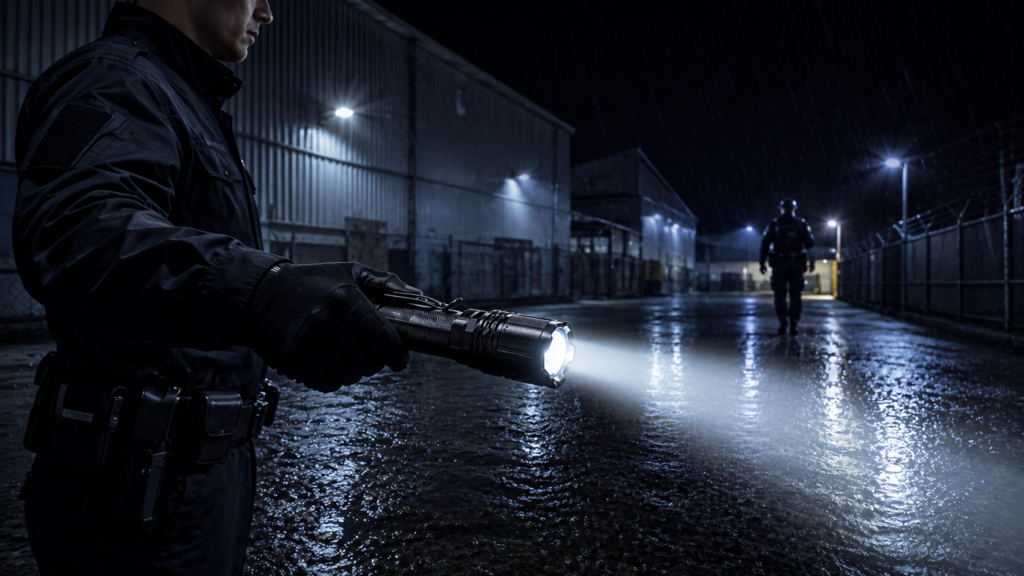 Fenix TK20R V2.0 torcia tattica professionale da 3000 lumen utilizzata durante un controllo perimetrale notturno